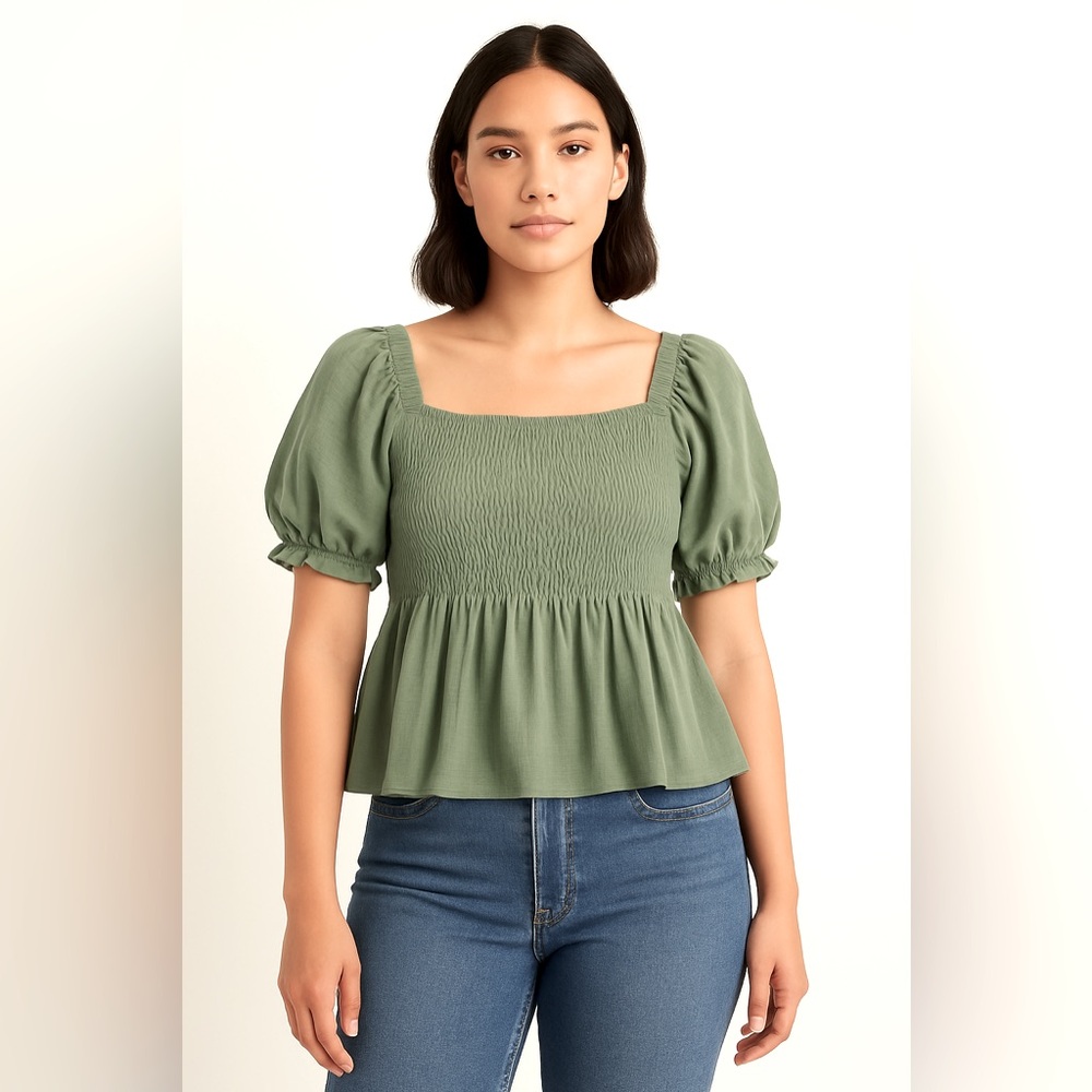 Elegant Olive Green Smocked Blouse